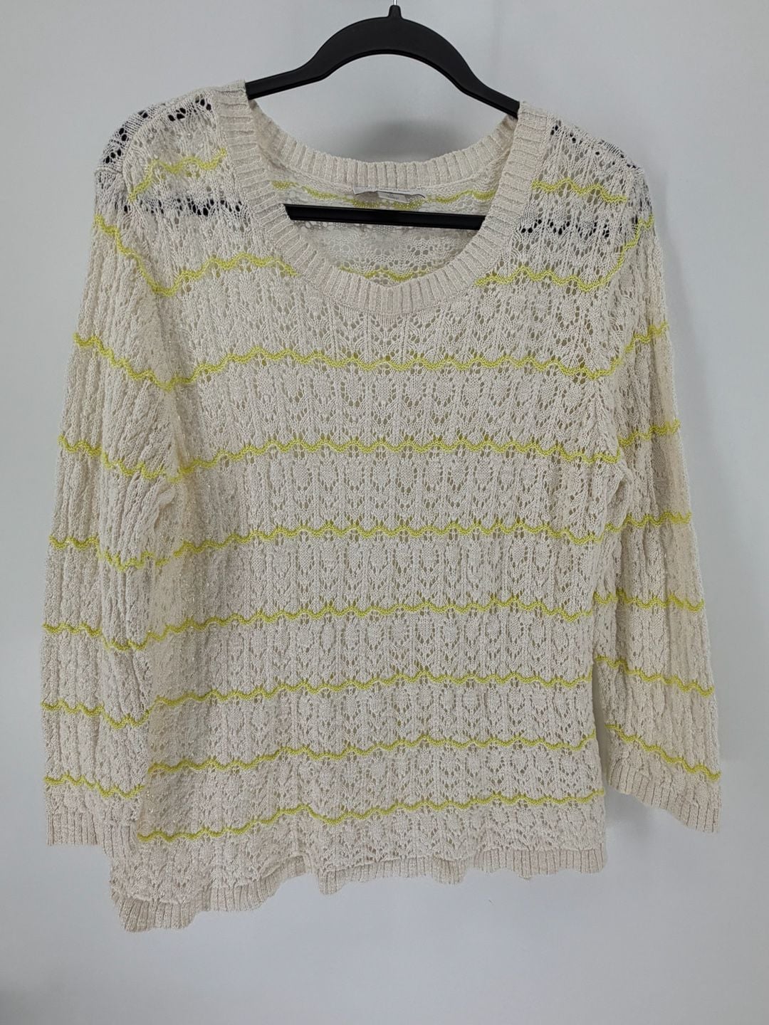Christopher & Banks XL Open Knit Crochet Sweater Cream Yellow Stripe Cottagecore 2