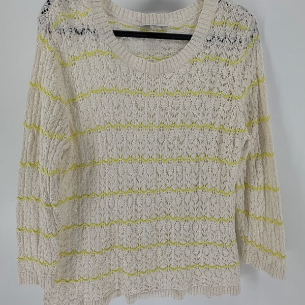 Christopher & Banks XL Open Knit Crochet Sweater Cream Yellow Stripe Cottagecore