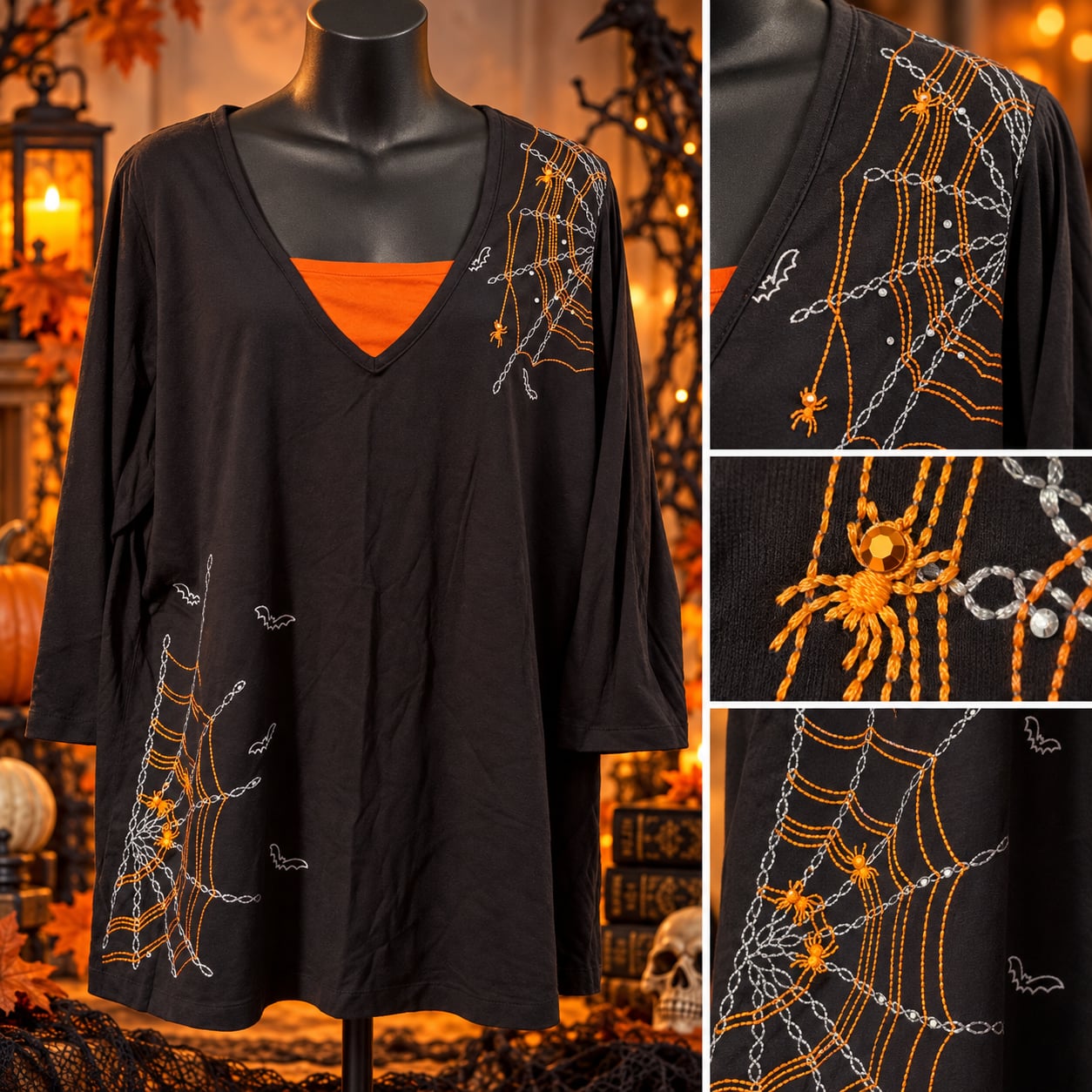 Halloween Spider Web Embroidered Tunic Top 3X Black Orange Clear Rhinestones Vtg 2