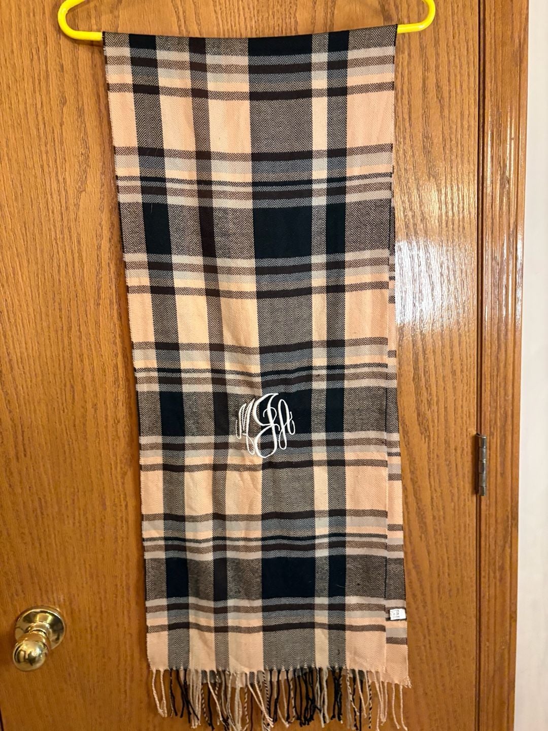 Tan Plaid Monogrammed Scarf With Fringe Polyester 1