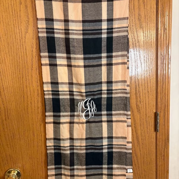 Tan Plaid Monogrammed Scarf With Fringe Polyester