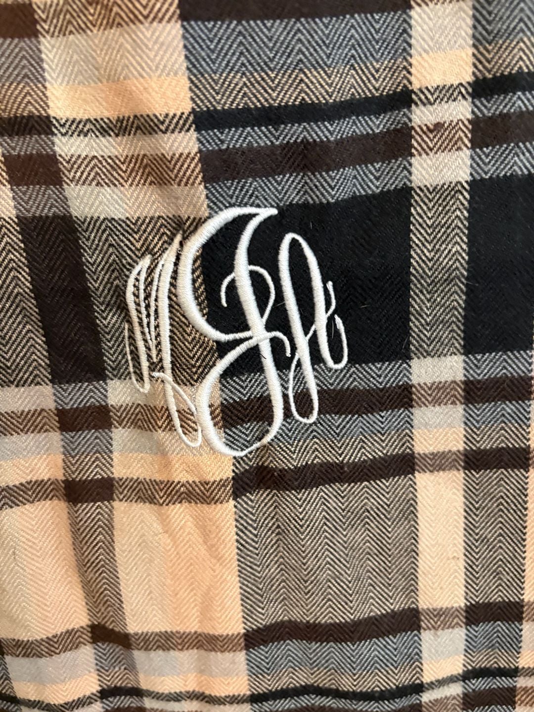 Tan Plaid Monogrammed Scarf With Fringe Polyester 2