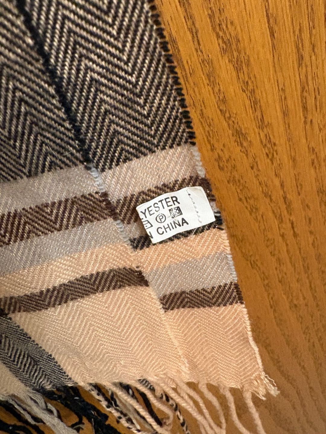 Tan Plaid Monogrammed Scarf With Fringe Polyester 3