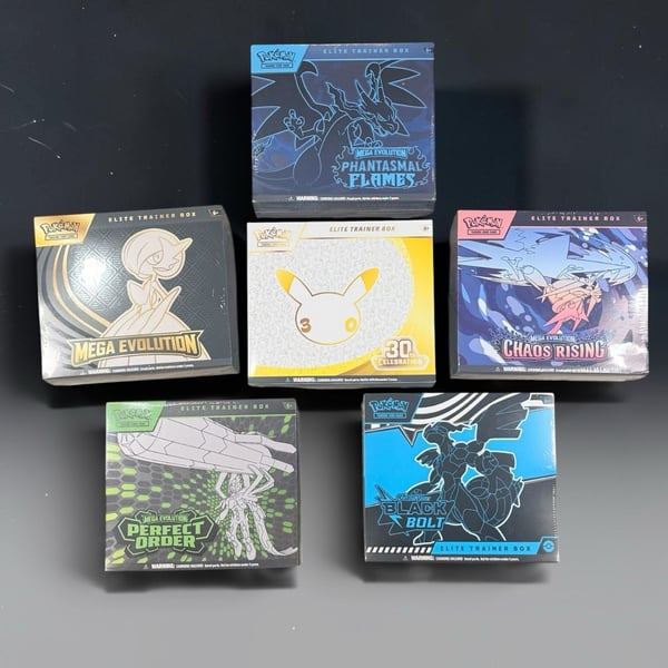 Lot of 6 Pokemon sealed Etb’s Mega Evolution Phantasmal Flames 30th Black Bolt 