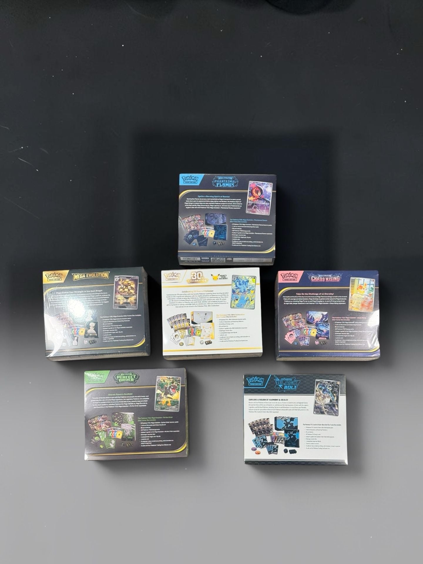 Lot of 6 Pokemon sealed Etb’s Mega Evolution Phantasmal Flames 30th Black Bolt 7