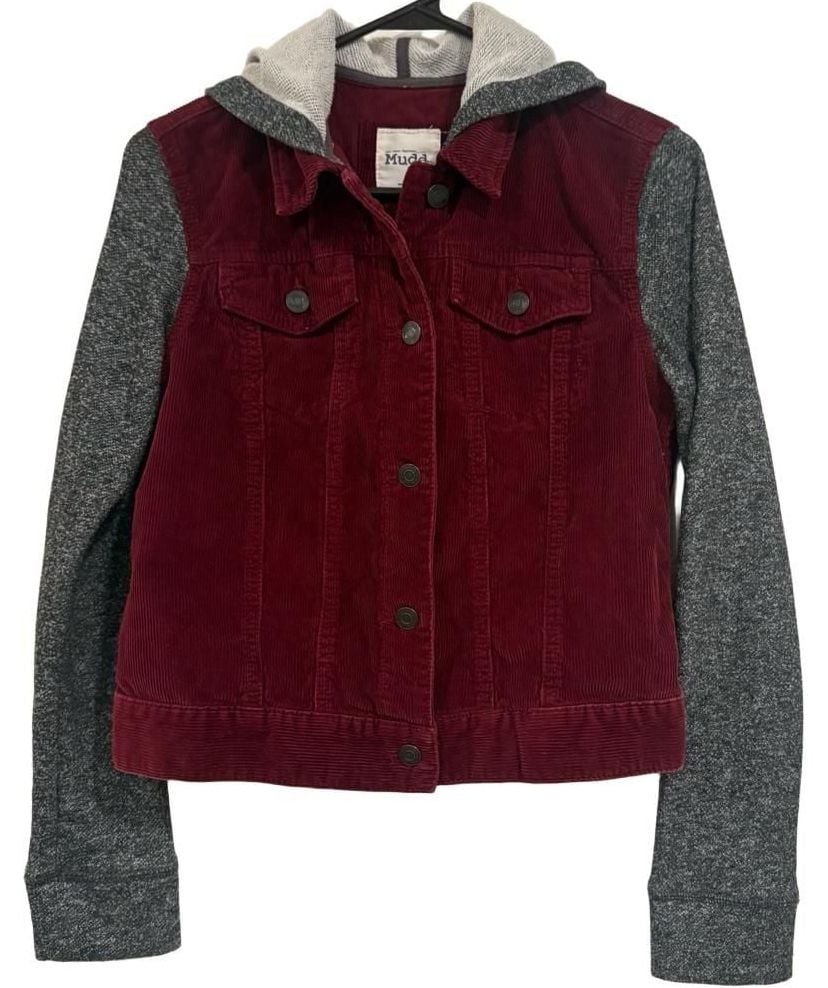Mudd Y2K Burgundy Corduroy Jacket Womens Medium Hooded Knit Sleeves Indie Sleeze 2