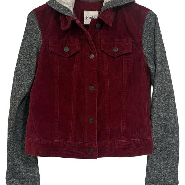 Mudd Y2K Burgundy Corduroy Jacket Womens Medium Hooded Knit Sleeves Indie Sleeze
