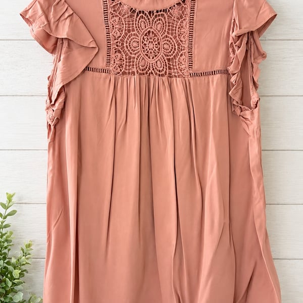 New FSL Crochet Lace Yoke Ruffle Sleeve Top Pink bohemian style