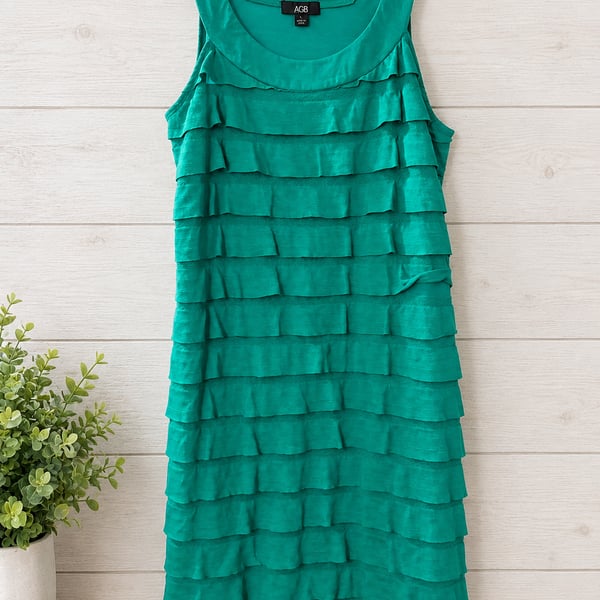 AGB Ruffled Tank Dress Size L Teal Green Sleeveless Tiered. Straight fit.. no flare. 