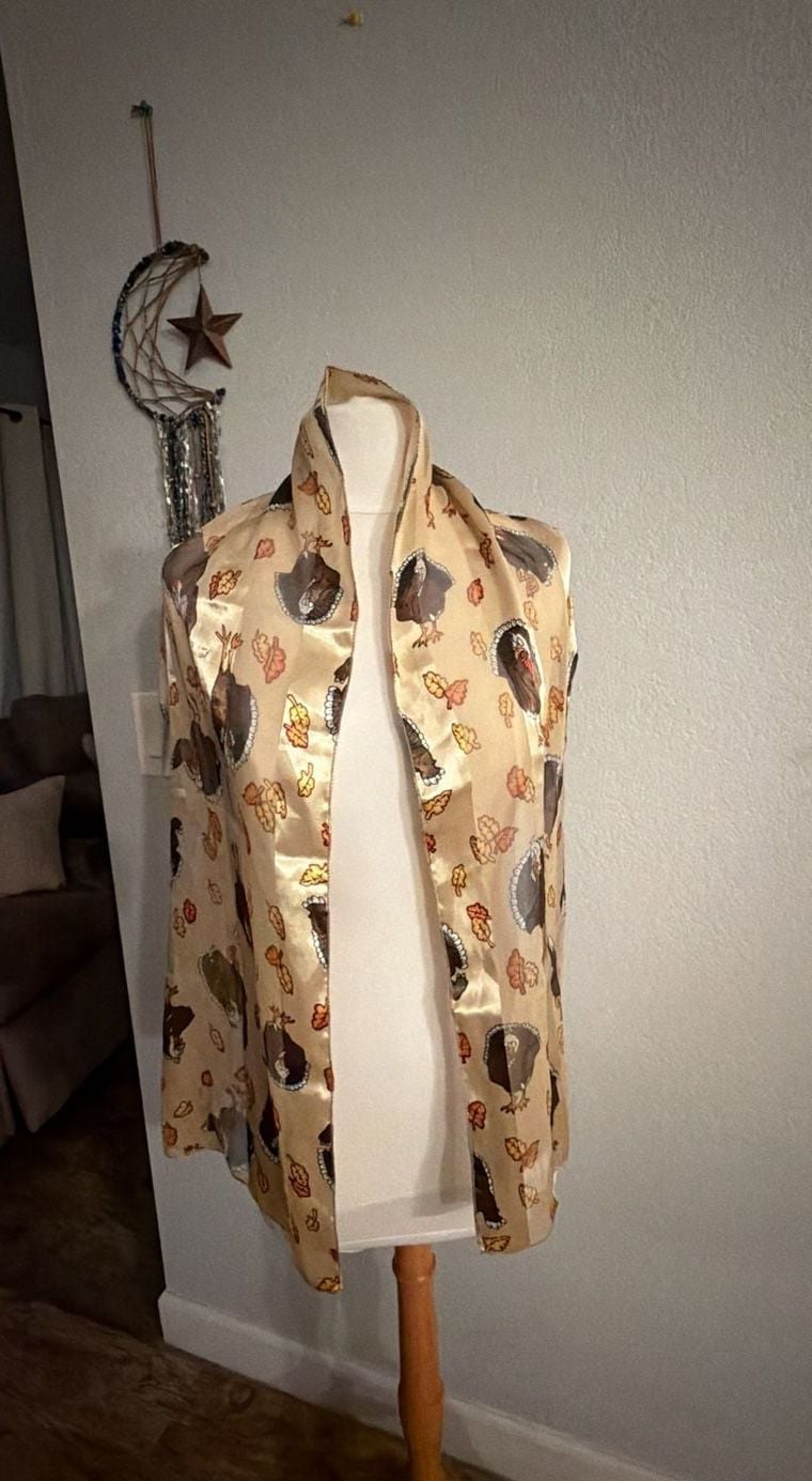 Vintage Thanksgiving Turkey and Fall Leaves Scarf Cream Satin 1