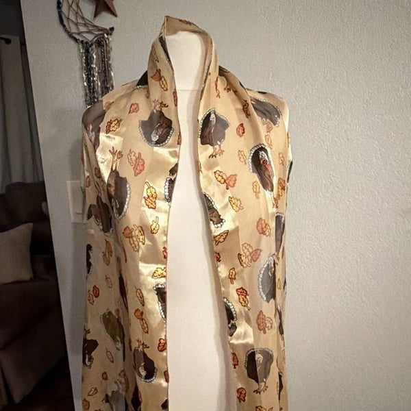 Vintage Thanksgiving Turkey and Fall Leaves Scarf Cream Satin