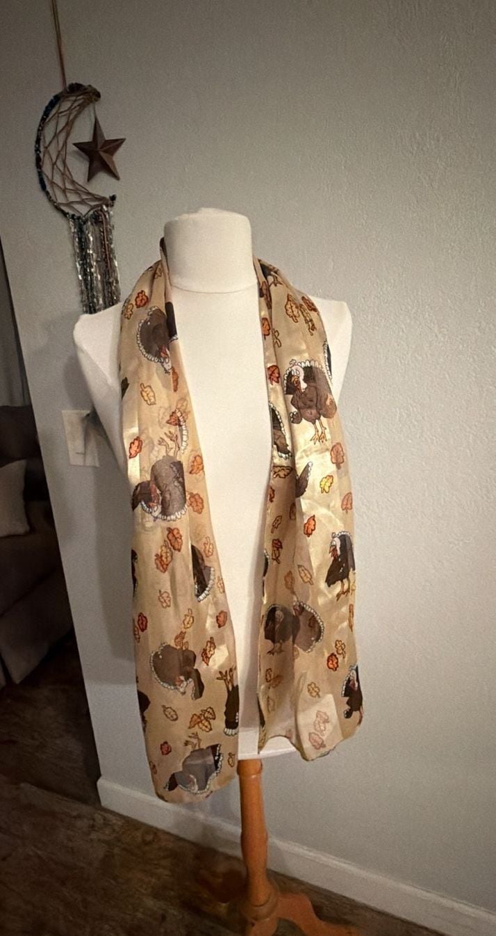 Vintage Thanksgiving Turkey and Fall Leaves Scarf Cream Satin 2