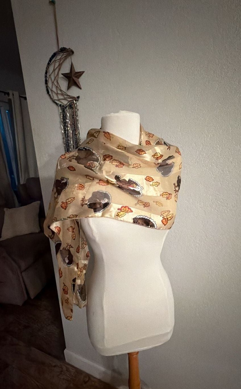 Vintage Thanksgiving Turkey and Fall Leaves Scarf Cream Satin 3