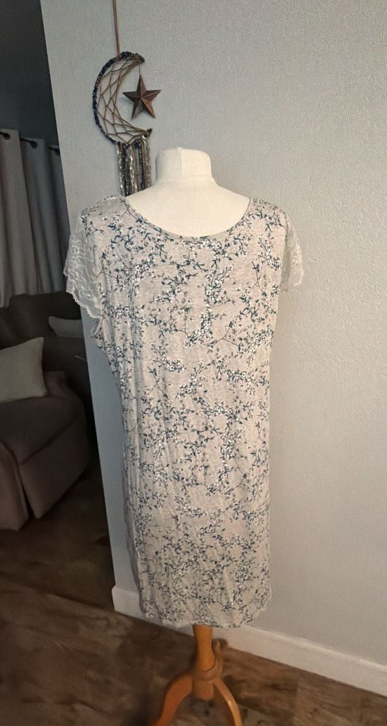 Charter Club Lace-Trim Chemise Nightgown Size L Gray Teal Floral 3
