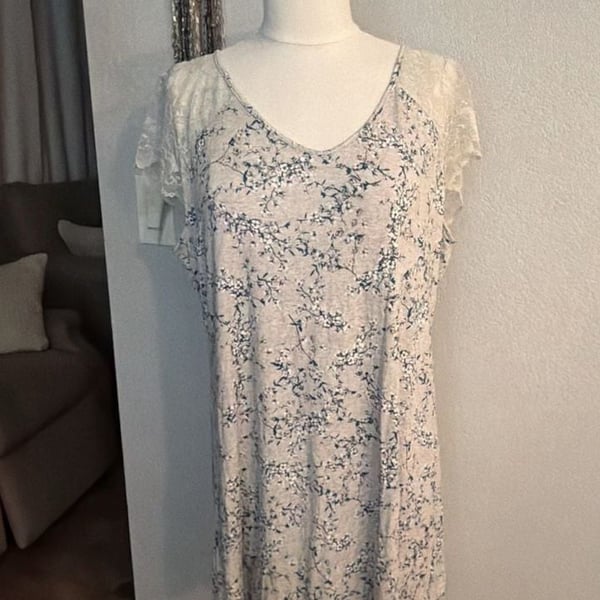 Charter Club Lace-Trim Chemise Nightgown Size L Gray Teal Floral
