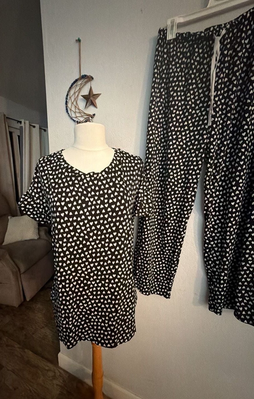 Anne Klein Pajama Set Size L Black White Heart Print Sleepwear 2