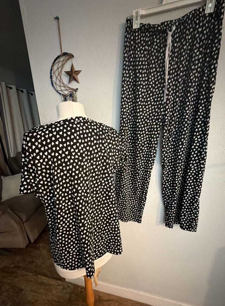 Anne Klein Pajama Set Size L Black White Heart Print Sleepwear 5