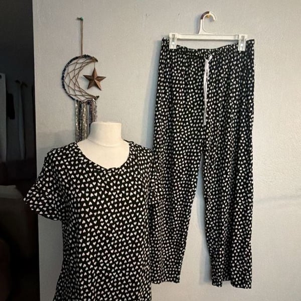 Anne Klein Pajama Set Size L Black White Heart Print Sleepwear