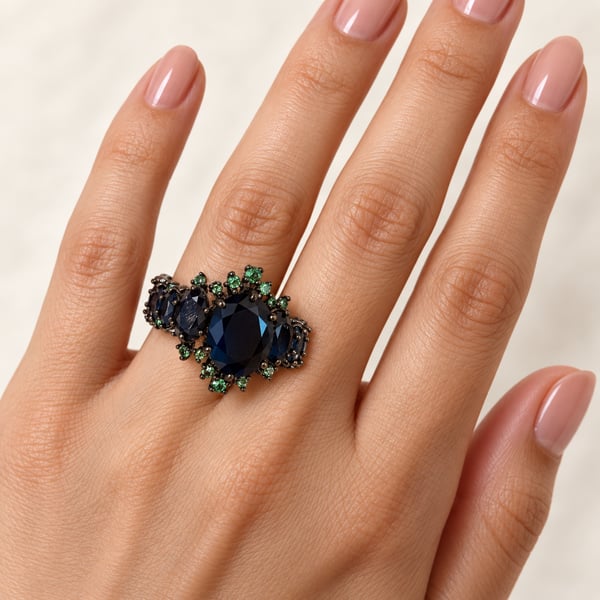 Gothic Black Gold Cocktail Ring Size 7 Blue and Green Gemstones