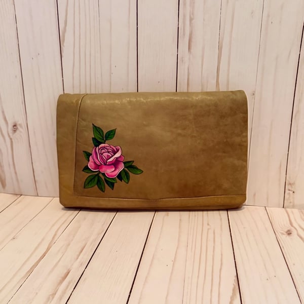 Vintage Leather Clutch Olive Green With Rose Handbag