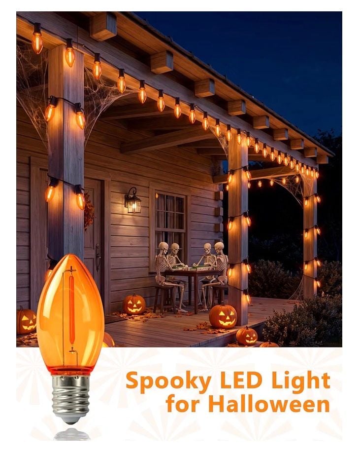 Lnguistic C9 LED Halloween Replacement Bulbs 25 Pack Orange Ceramic 6