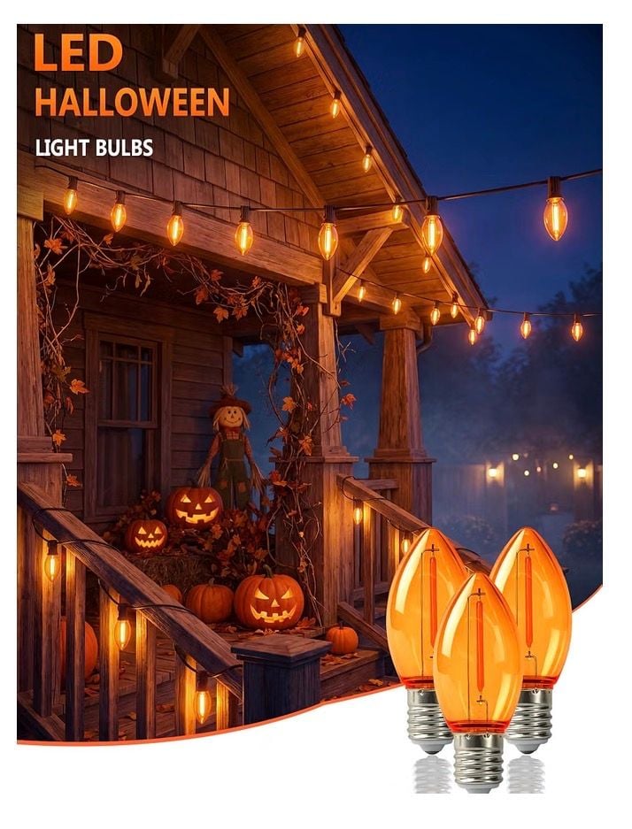 Lnguistic C9 LED Halloween Replacement Bulbs 25 Pack Orange Ceramic 7