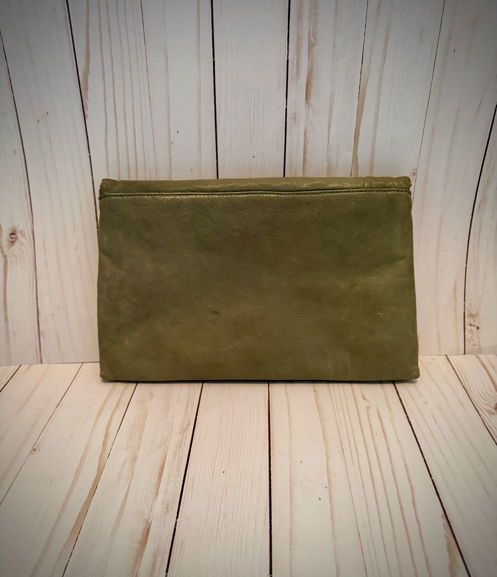 Vintage Leather Clutch Olive Green With Rose Handbag 7