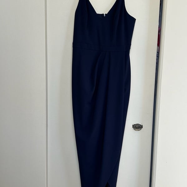 Bhldn Lyra V-Neck Faux Wrap Crepe Midi Dress Size 12 Navy Blue