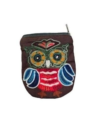 Embroidered Owl Coin Purse Brown Zip Pouch 2