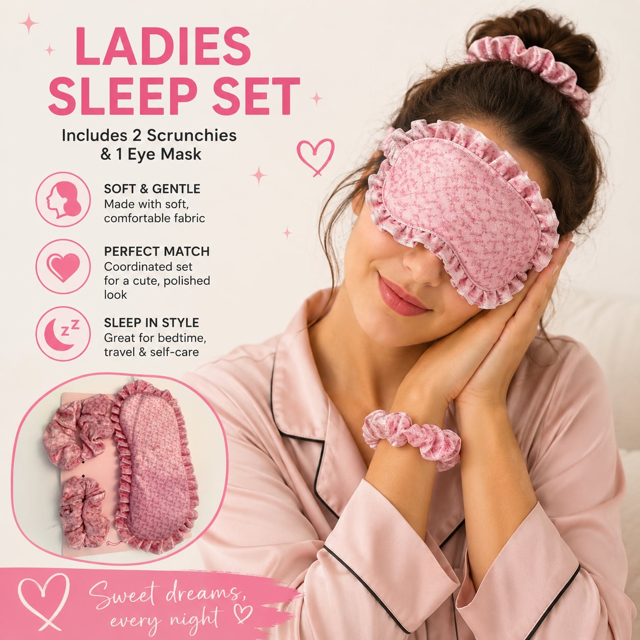 NEW Gertex Pink Velvet Sleep Eye Mask & 2 Scrunchies 3 Piece Set 2