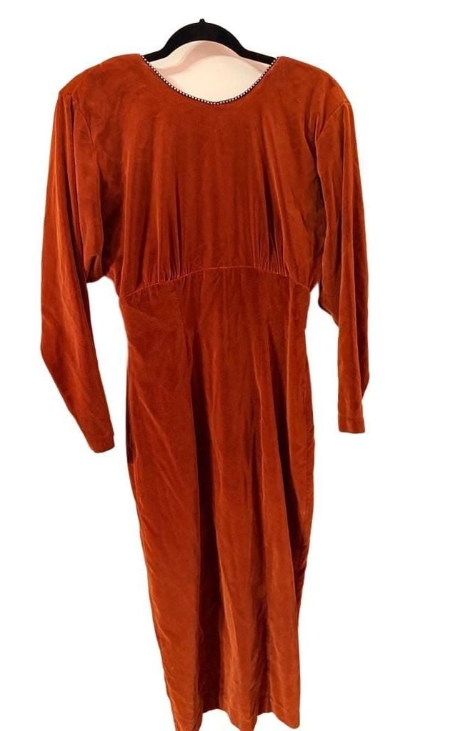 Datiani Velvet Midi Dress Size 8 Rust Rhinestone Trim Vintage 90’S 2
