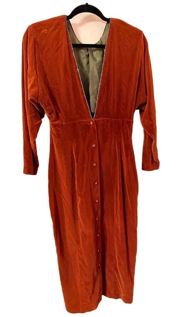 Datiani Velvet Midi Dress Size 8 Rust Rhinestone Trim Vintage 90’S 4
