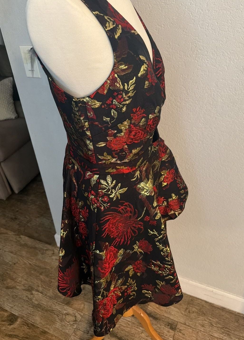 Rachel Roy Binx Dress Sz 2 Black Red Gold Floral Brocade 10
