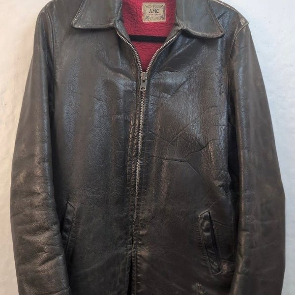 AMC Sportswear Leather Jacket Size 20 Black Steerhide Red Fleece Lining