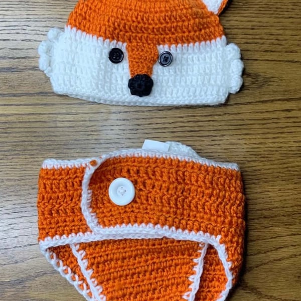 So Dorable Fox Hat and Diaper Cover Size 0-6 Mos Orange Crochet