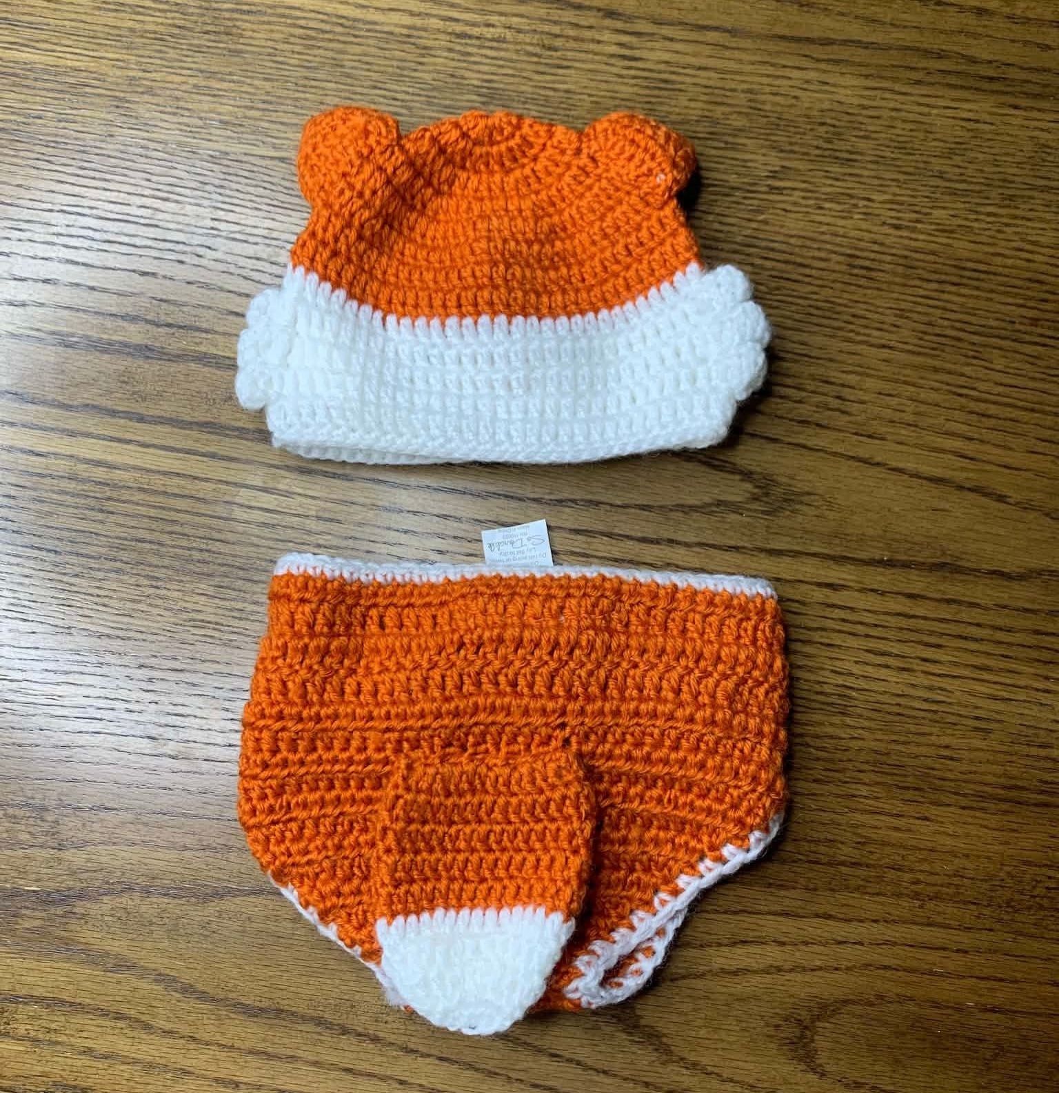 So Dorable Fox Hat and Diaper Cover Size 0-6 Mos Orange Crochet 7