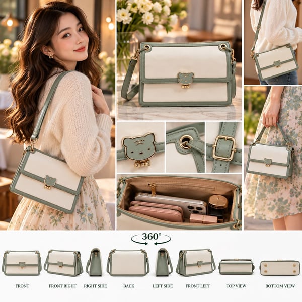 Cream and Sage Green Top-Handle Satchel with Bear Clasp