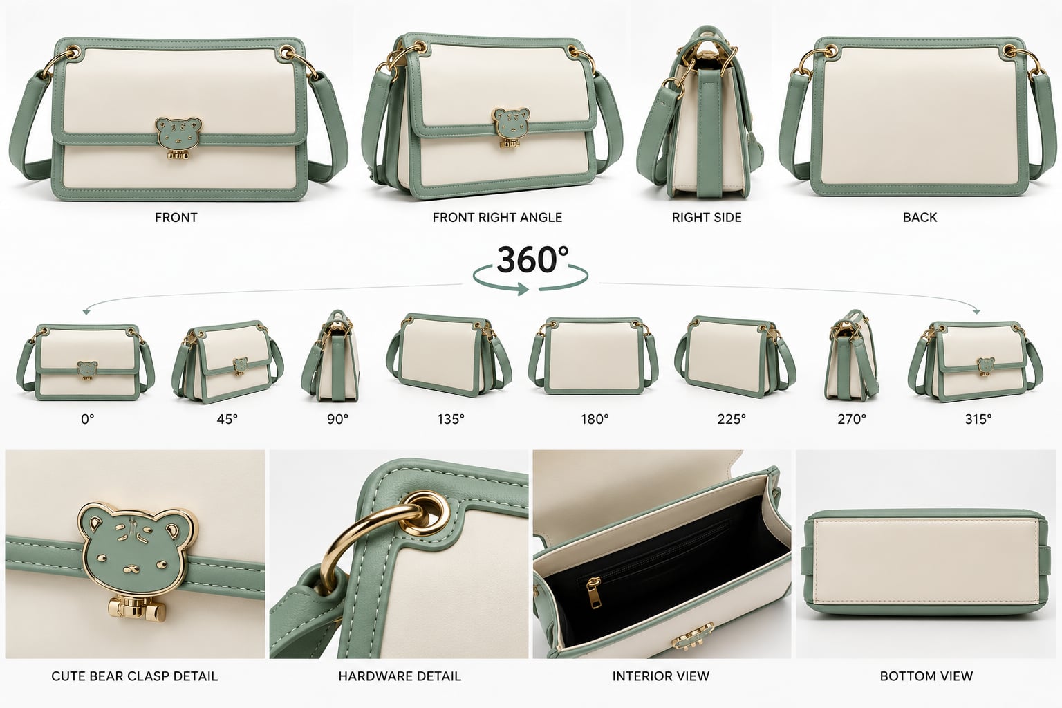Cream and Sage Green Top-Handle Satchel with Bear Clasp 16