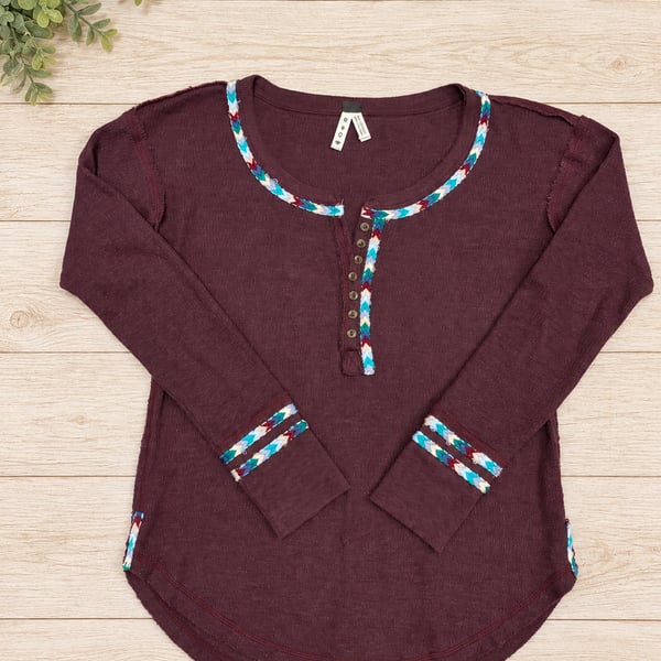 Free People We The Free Burgundy Thermal Henley Top Boho Embroidered Trim Size S