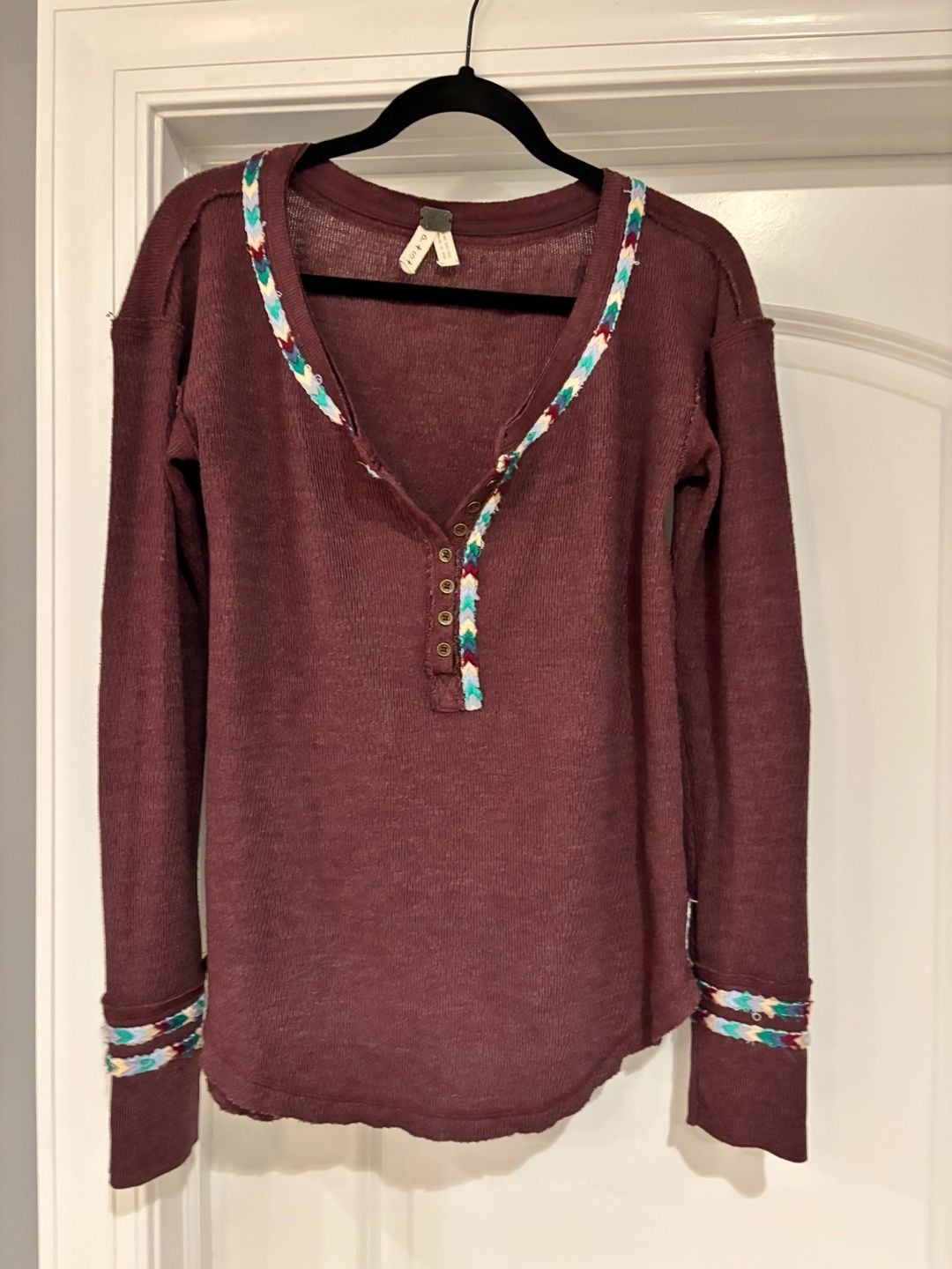 Free People We The Free Burgundy Thermal Henley Top Boho Embroidered Trim Size S 7