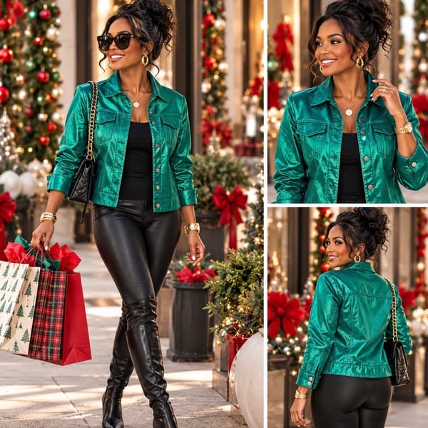 Chico's Women's Emerald Metallic Green Button-Front Utility Jacket Size 3