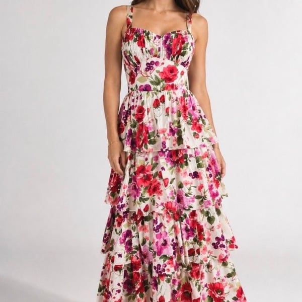 Abercrombie Fitch Floral Tiered Maxi Dress Sz M strawberry Pink Guest Tea Garden