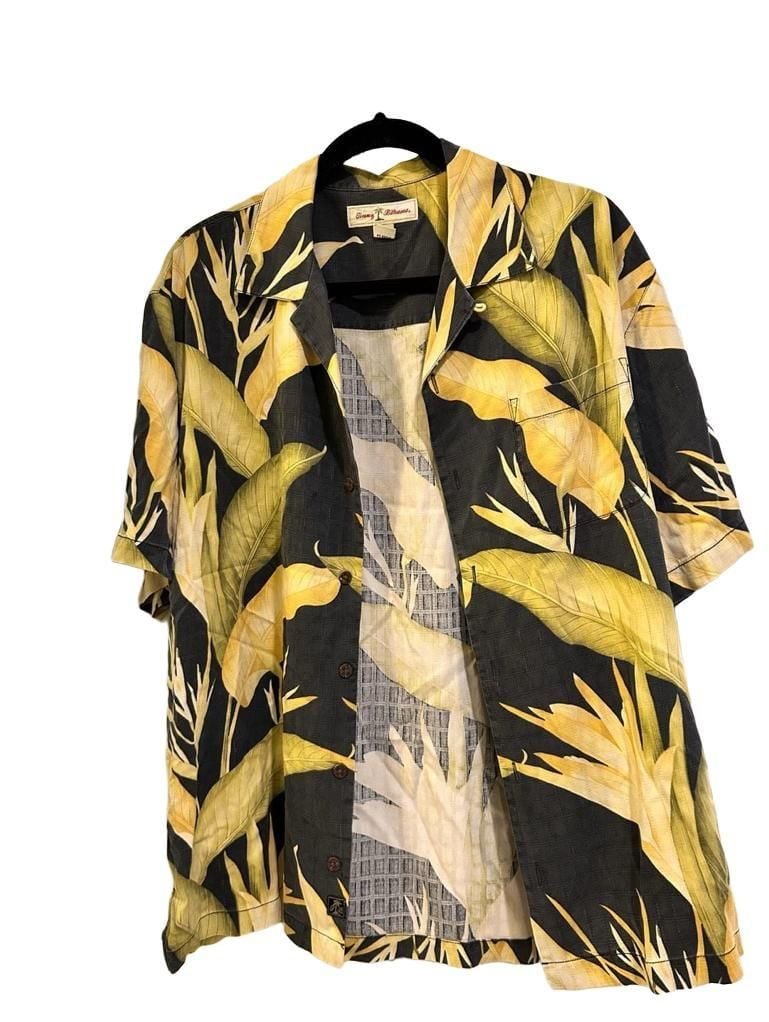 TOMMY BAHAMA Shirt Mens Medium Silk Black Leaf Print Button Down Hawaiian Casual 3