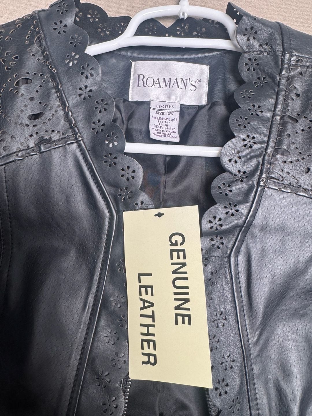 Roaman's Leather Jacket Size 14W Black Cutwork Scalloped Edge 3