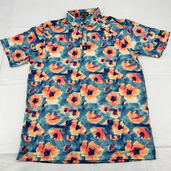 Rare Bad Birdie Golf Polo Shirt Size L Blue Orange Floral Print