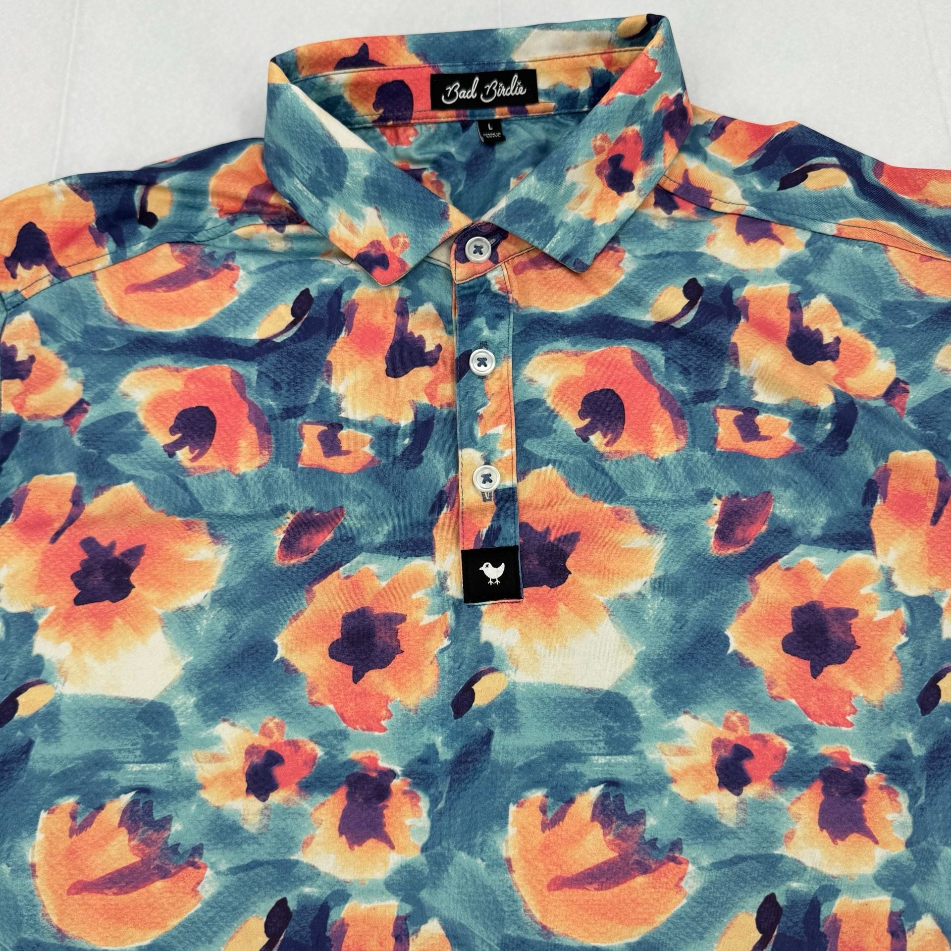 Rare Bad Birdie Golf Polo Shirt Size L Blue Orange Floral Print 4
