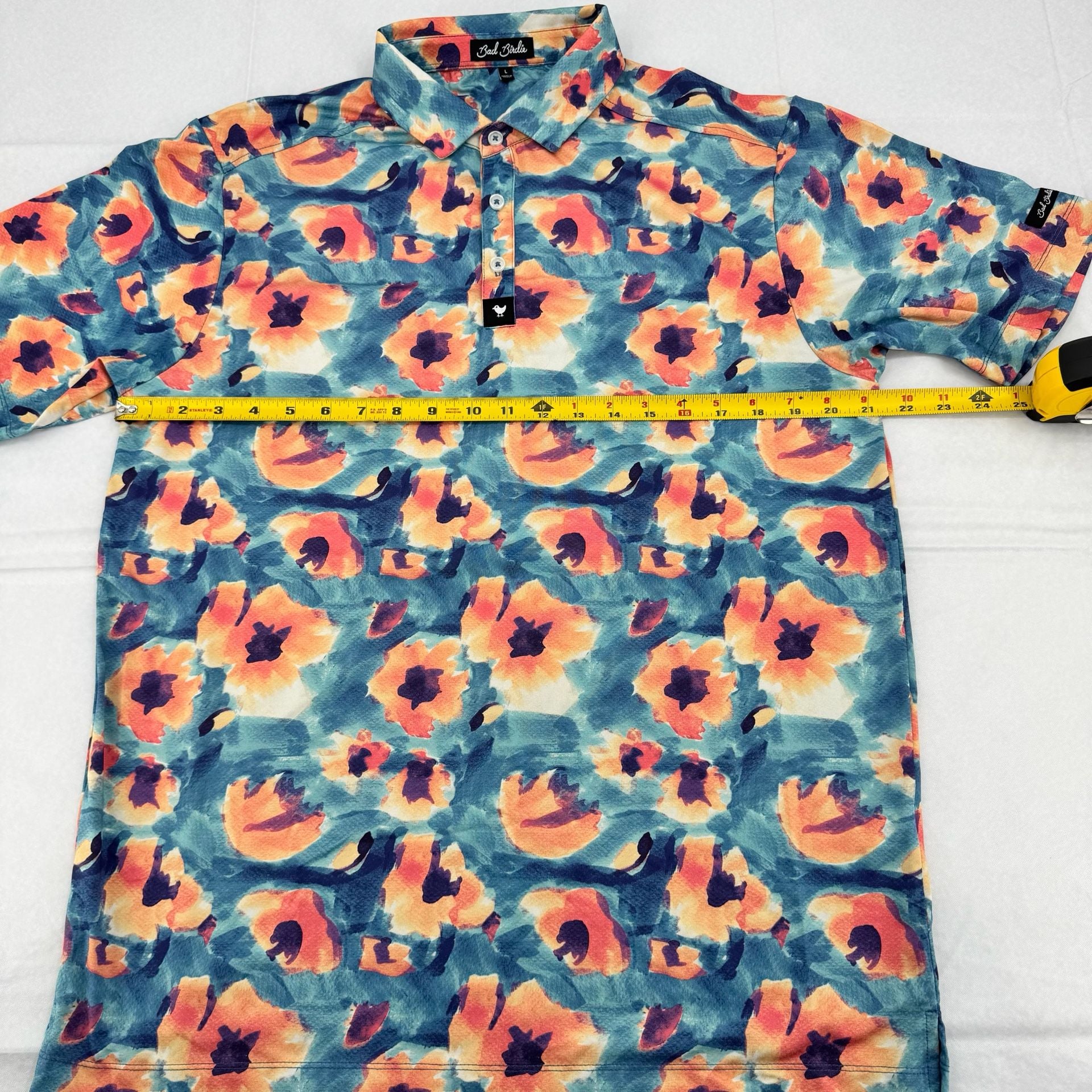 Rare Bad Birdie Golf Polo Shirt Size L Blue Orange Floral Print 5