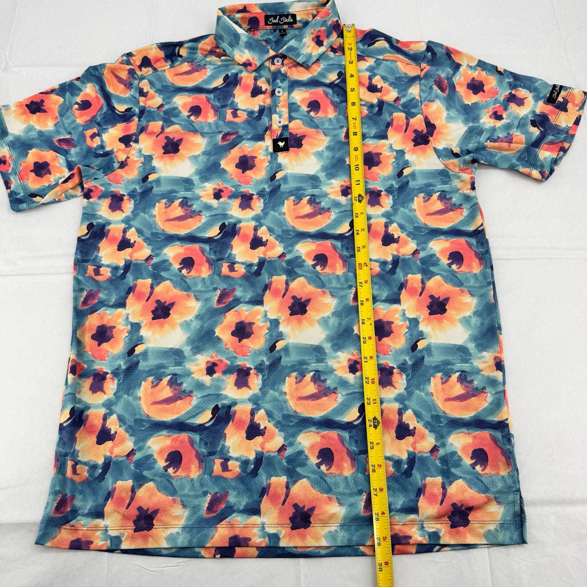 Rare Bad Birdie Golf Polo Shirt Size L Blue Orange Floral Print 6