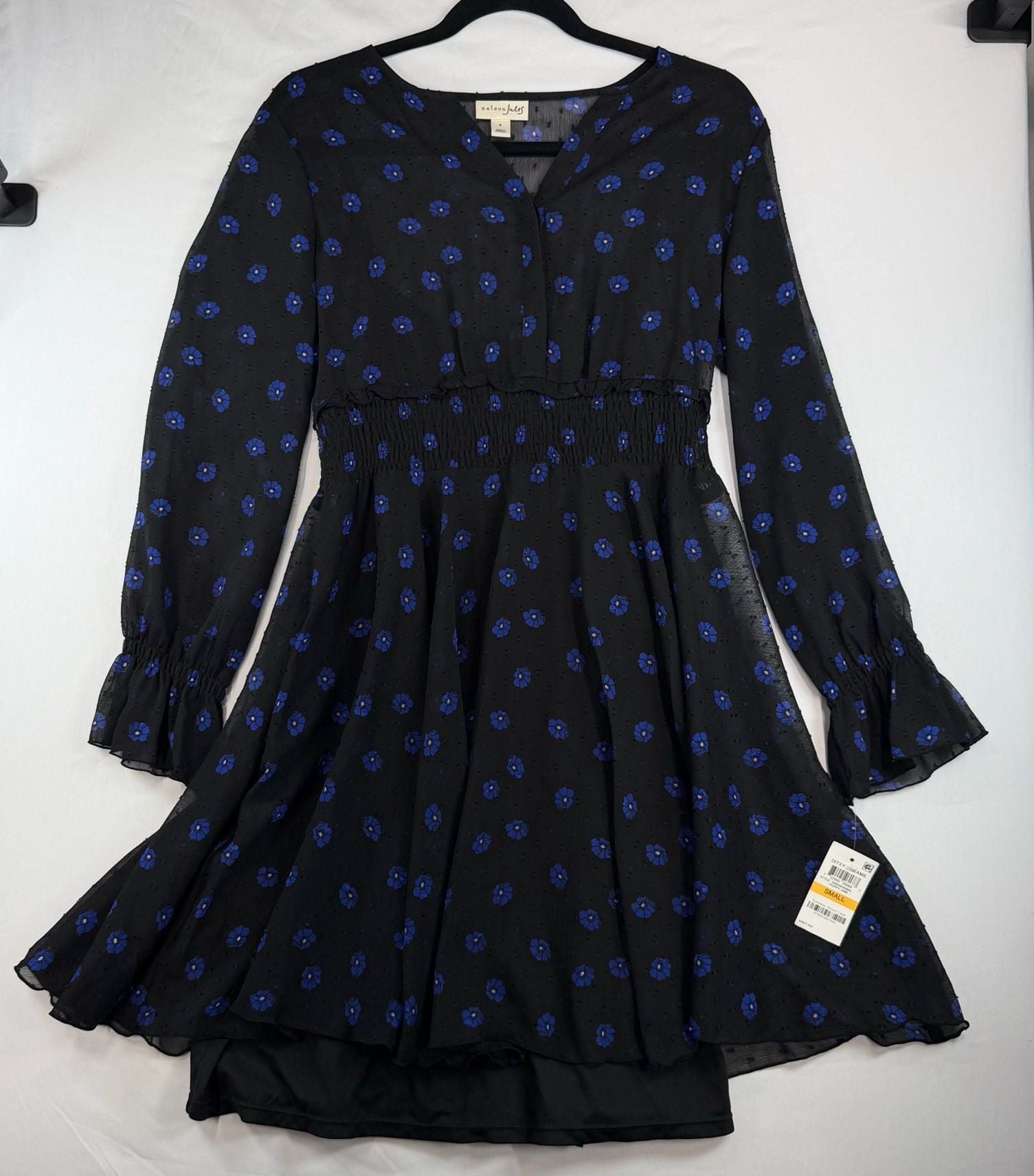 Maison Jules Dress Small NWT Black Blue Floral Smocked Waist Long Sleeve 2
