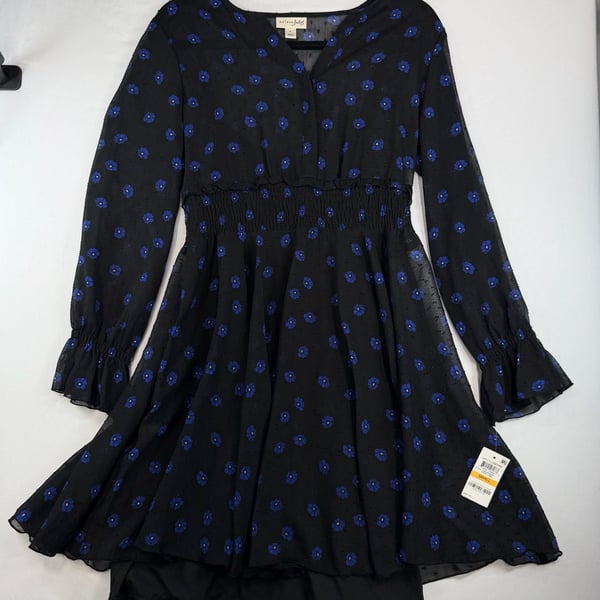 Maison Jules Dress Small NWT Black Blue Floral Smocked Waist Long Sleeve
